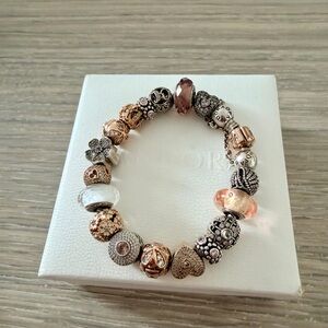 Authentic Pandora 17 Rose Gold and silver charms with safety chain